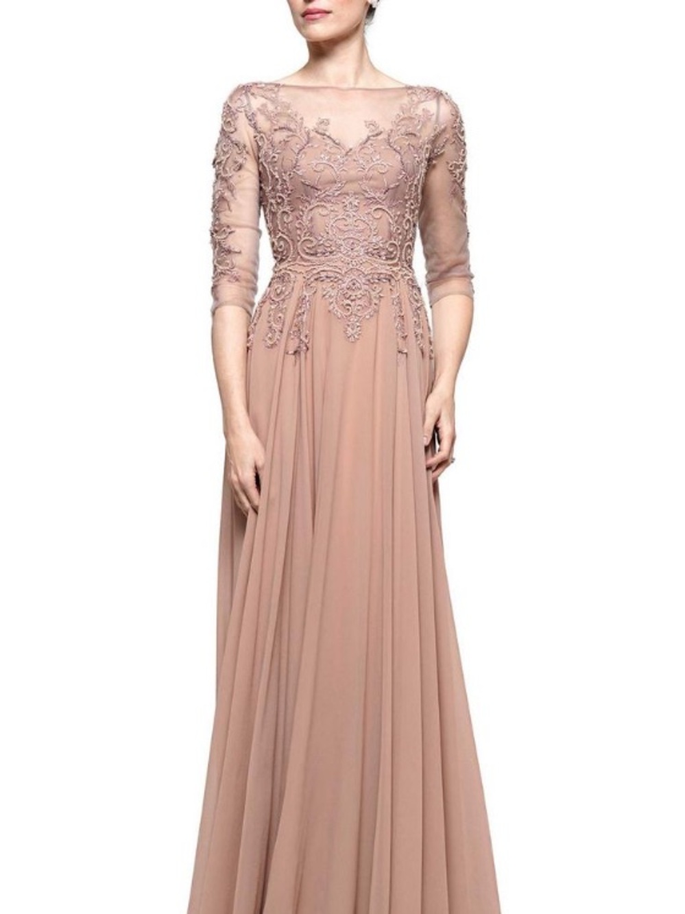 Elegant Latte/Pink Beaded & Chiffon Evening Dress for Women